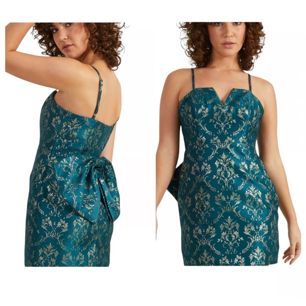 ALTAR'D STATE Hattie Jacquard Dress Teal Margolis Bow Cocktail Party Gold Teal